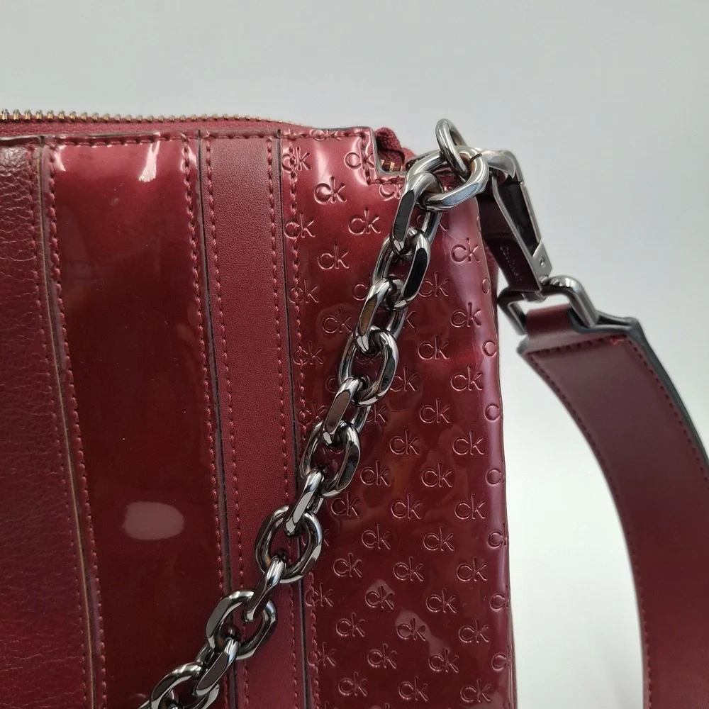 Calvin‎ Klein Crossbody Bag Burgundy Wine Mixed Media Embossed CK Logo Chain